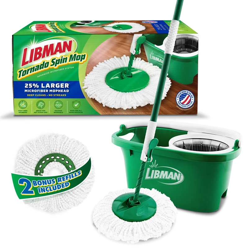 Libman Tornado Spin Mop System Plus 2 Refill Heads | Mop and Bucket with Wringer Set | Floor Mop | Spin Mop | Libman Mop | Mops for Floor Cleaning | Hardwood Floor Mop | 3 Total Mop Heads Included - Image 1