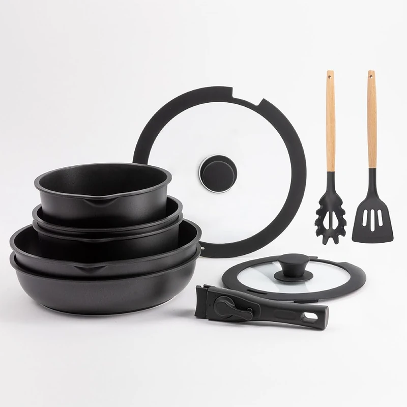 BERGNER - Cookware with Extendable Handle 2 Frying Pans, 2 Sauce Pans, 1 Deep Fryer, 2 Lids and 2 Kitchenware - Cast Aluminium - Black Marble Non-Stick Coating