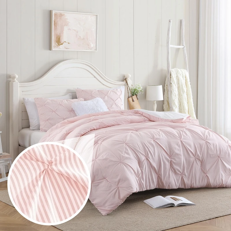 Swift Home Full/Queen Pinstripe Peach Pink Comforter Set - Classic Pintuck Bedding Set - 3 Pieces Bed Linen, 1 Comforter and 2 Pillow Shams