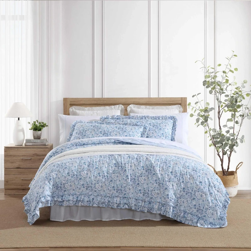 Laura Ashley - Quilt Set, Super Soft Bedding with Matching Shams, Casual Home Decor (Quartet Ruffled Blue, Queen)