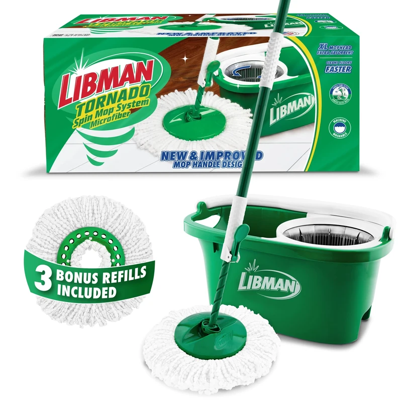 Libman Tornado Spin Mop System with 3 Refill Heads, Microfiber Spinning Mop and Bucket with Wringer Set for Home, Floor Cleaning of Hard-Wood, Laminate, Tile, All Surface Cleaner, 4 Total Mop Heads