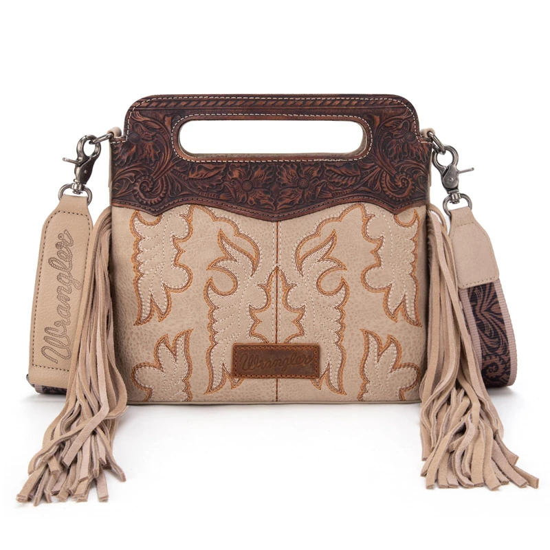 Wrangler Top Handle Bag for Women Embroidered Boot Scroll Western Crossbody Purse, A-medium-tan, M
