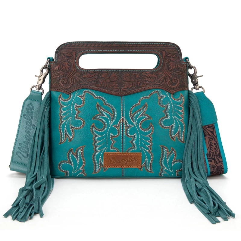 Wrangler Crossbody Bags for Women Western Fringe Top Handle Handbags Embroidered Boot Scroll Crossbody Bag, A-medium-turquoise, M