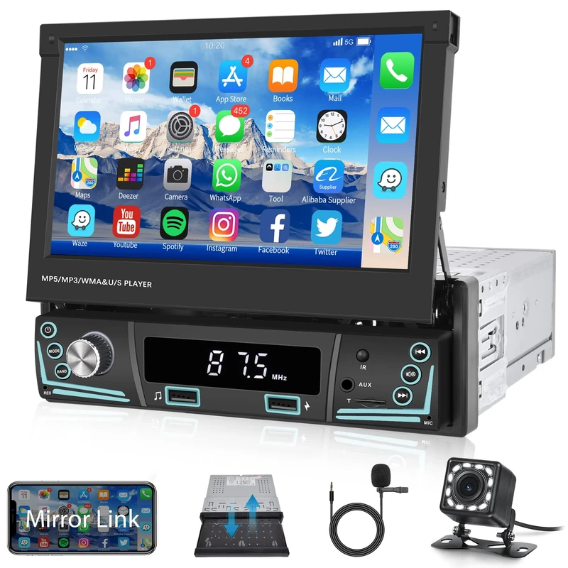 Rimoody Single Din Car Stereo 7'' Flip Up Touchscreen Car Radio with Bluetooth 1 DIN FM Radio Mirror Link for Android/iOS Phone Support TF/USB + Rear View Camera