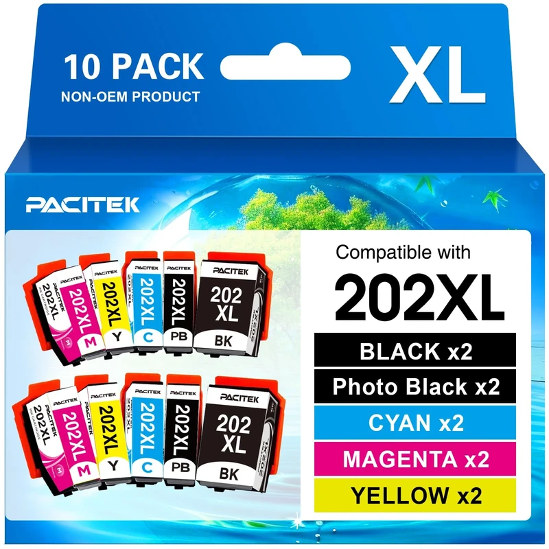 PACITEK 202XL Ink Cartridges Compatible for Epson 202 Ink for Epson XP6100 Ink Cartridges for XP6105 Ink for XP-6100 XP-6105 XP-6000 XP-6005 XP-6001 Printer (10 Pack)