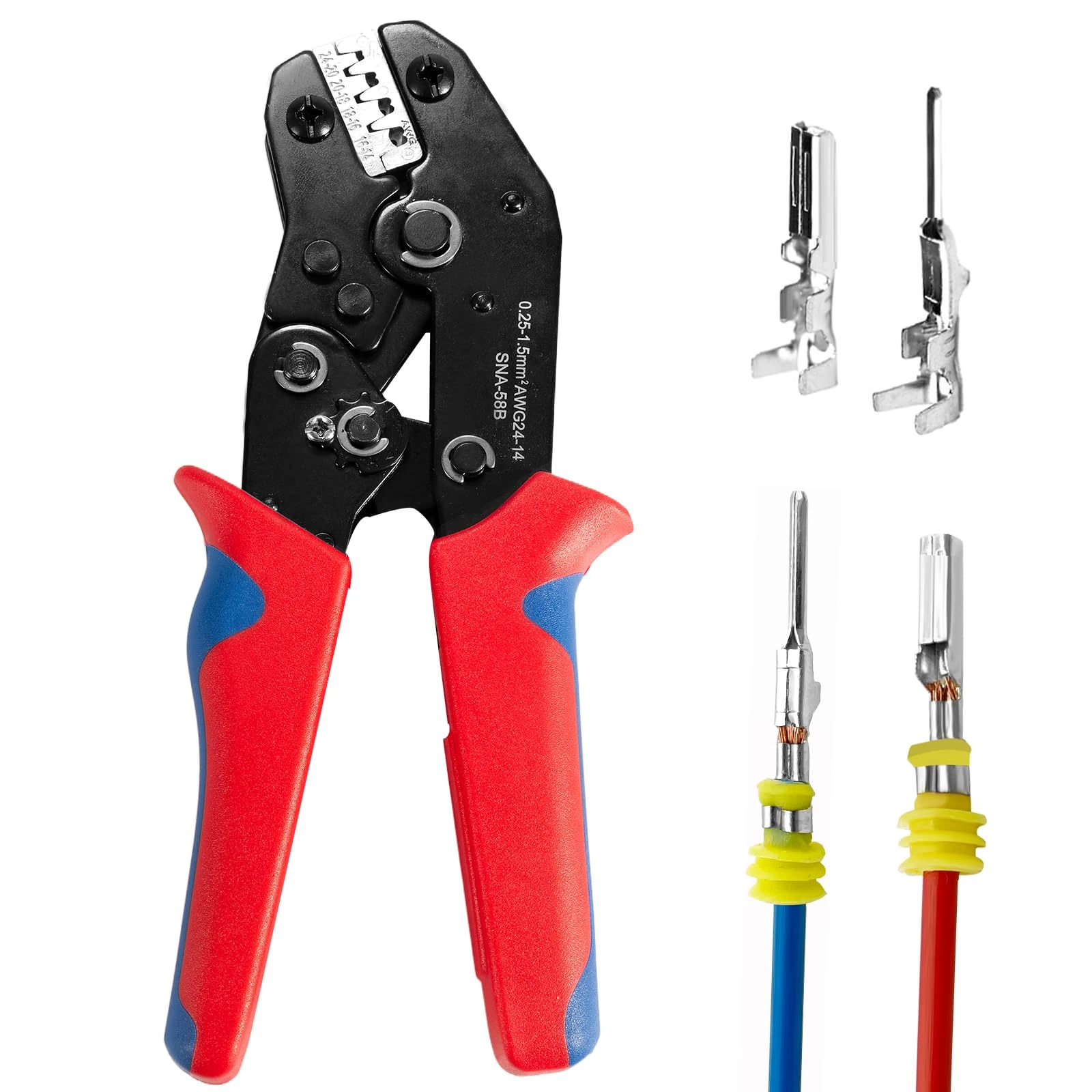 Wire Crimping Tool with Ratchet, Amliber Ratchet Wire Crimper Tool for Open Barrel Terminal Connectors, Electrical Crimping Tool for Molex Style Deutsch Delphi AMP Dupont TYCO Terminals, 24-14 AWG