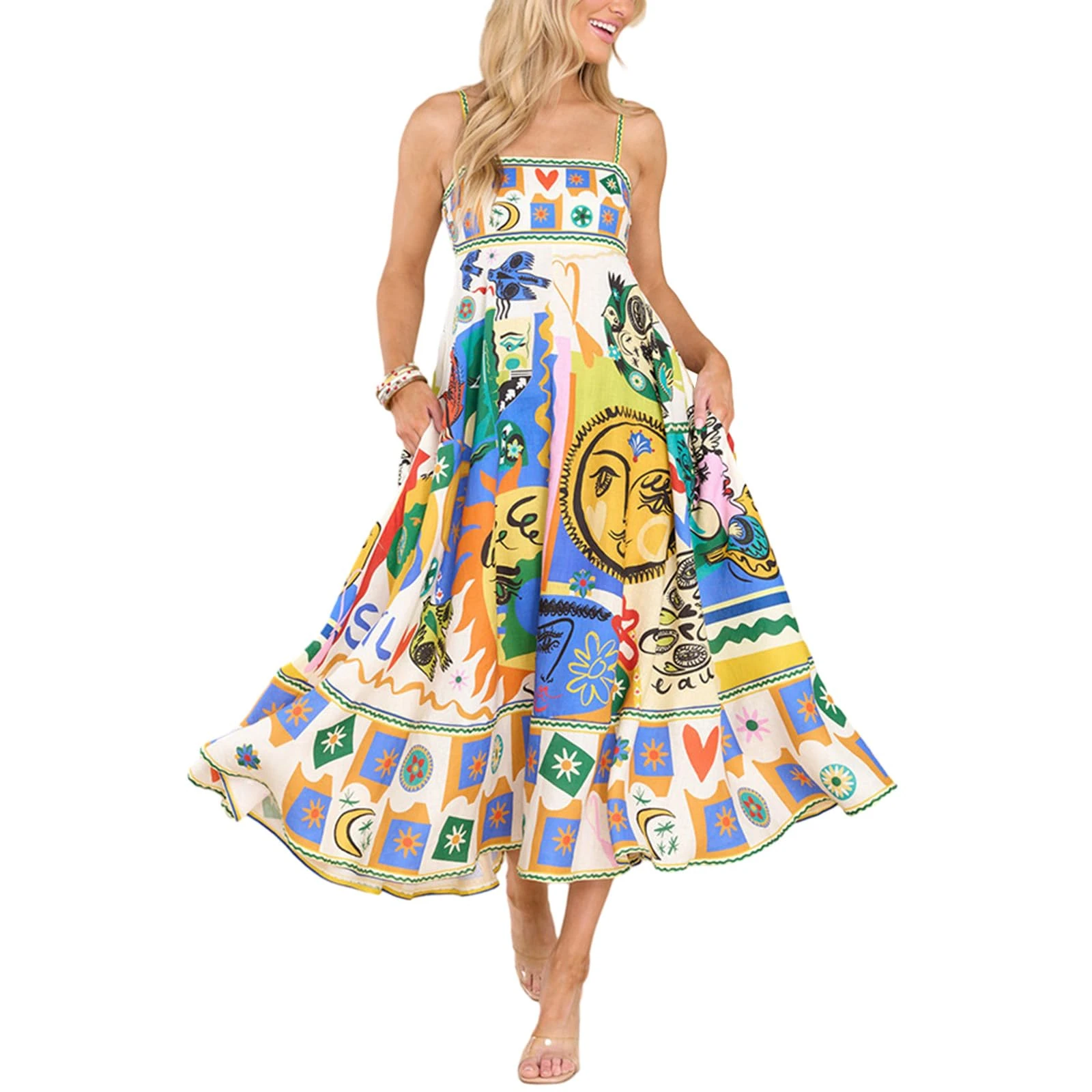 Qianderer Women Cute Print Maxi Cami Dress Loose Sleeveless Spaghetti Strap Boho Dress Flowy Graffiti Beach Long Aline Sun Dress (Yellow, M)