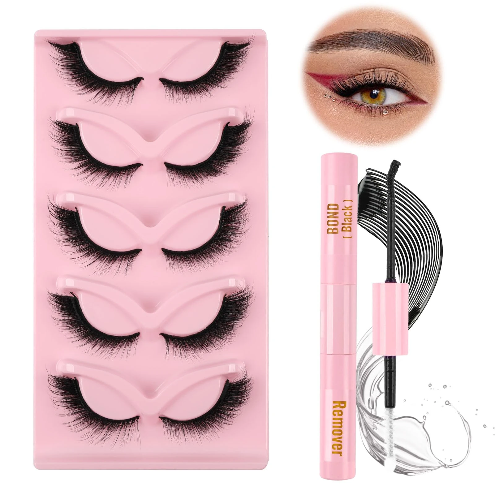 Glowing Win False Eyelashes with Glue Fox Eye Lashes with Bond and Remover 5 Pairs Cat Eye Lashes Natural L Curl Soft Angel Winged Fake Lashes Reusable Faux Mink Lashes