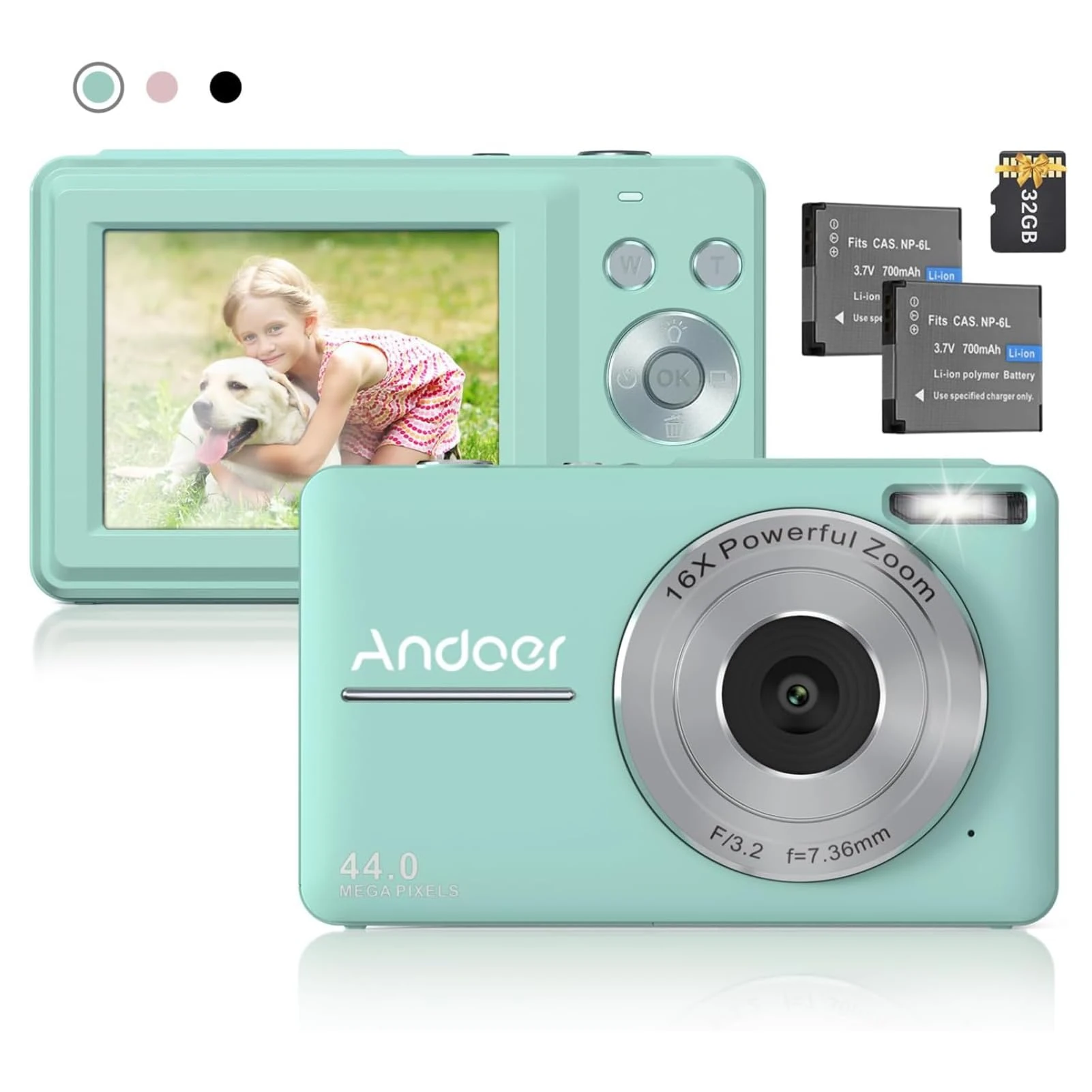 Andoer 44MP Compact Digital Camera with 32G TF Card, 16X Digital Zoom, Anti-Shake 1080P Vlogging Camera, Auto Focus, Portable for Kids, Teens, Adults, Mint Green