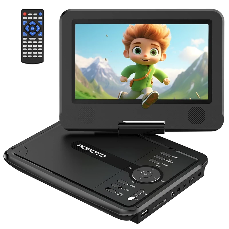 pofoto 9.5 Inch Portable DVD Player with 7.5 Inch HD Rotating Screen, Rechargeable 4-6 Hours Battery, DVD Player with Dual Speakers, Car Charger, Power Supply