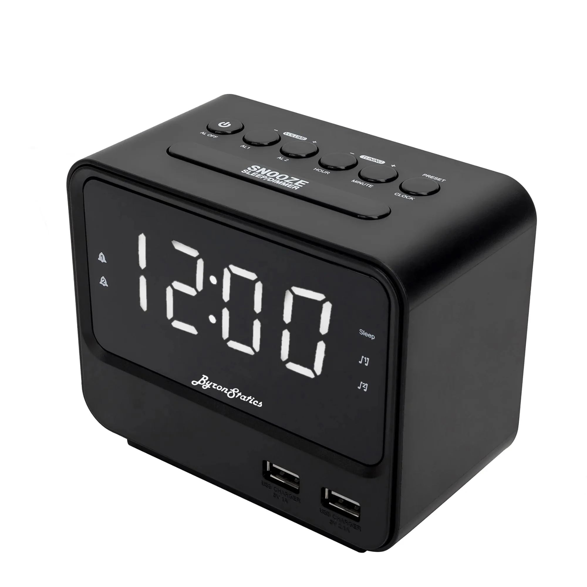 BYRONSTATICS Alarm Clock FM Radio, Bedside Digital Alarm Clock, Main Powered with Battery Backup, Radios Station Presets, USB Charging Port, Snooze, Sleep Timer, Big LED Screen Dimming Display