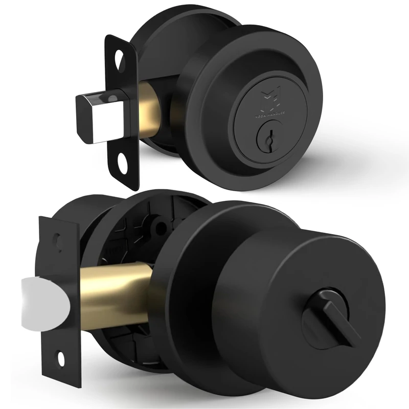 Mega Handles Entry Combo I Entry Door Knob and Single Cylinder Deadbolt Lock and Key Combo Pack - Heavy Duty Locking Door Knob for Left or Right-Handed Doors - Matte Black