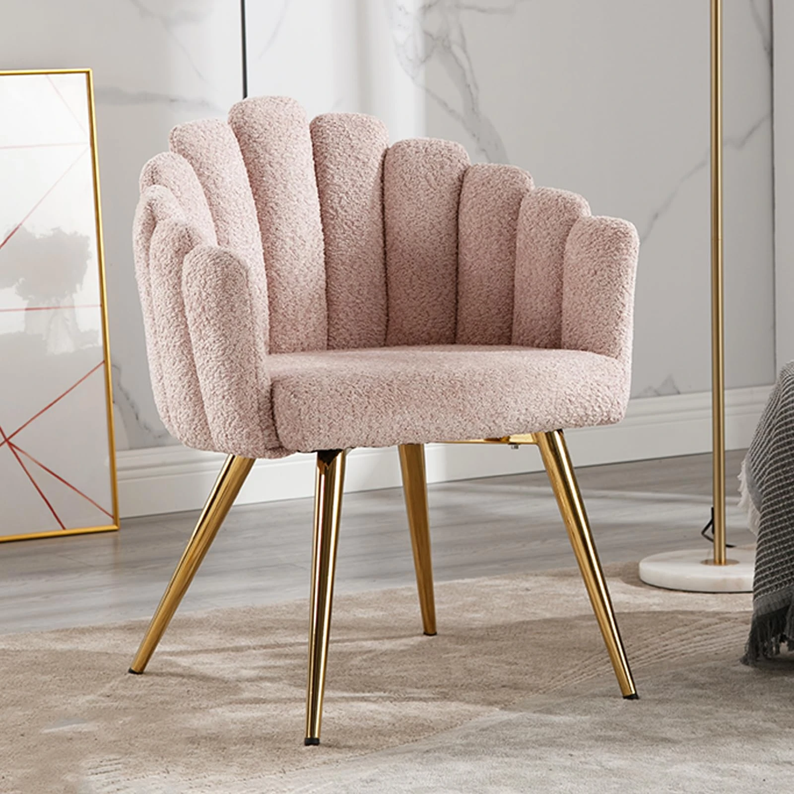 chairus Modern Armchair for Living Room, Bedroom, Study, Office - Pink Fabric with Golden Metal Legs - Unique Finger-Shaped Backrest and Armrest Design - Adjustable Metal Legs