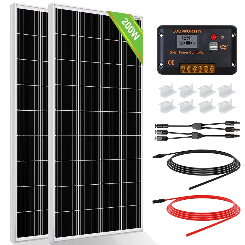 ECO-WORTHY 200 Watt (2pcs 100 Watt) Monocrystalline Solar Panel Complete Off-Grid RV Boat Kit with LCD Charge Controller + Solar Cable + Mounting Brackets