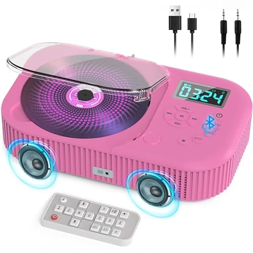 Greadio Portable CD Player with Bluetooth 5.3, Rechargeable Boombox CD Player with FM Radio, Anti-Skip Players for Home Car with Dual Stereo Speakers/LCD Display/Remote Control/AUX/USB (Deep Purple)