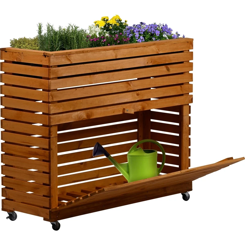 dobar Rolla Large Raised Bed Made of Solid Wood Size XL with Wheels - Raised Bed with Storage Compartment - 72 x 32.5 x 78 cm - Brown