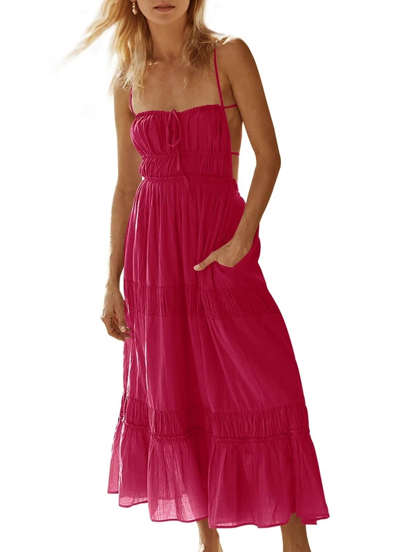 Wenrine Womens Summer Beach Dresses Backless Spaghetti Straps Self Tie Tiered Flowy Casual Maxi Dress with Pockets, Dark Pink(hot Pink), S