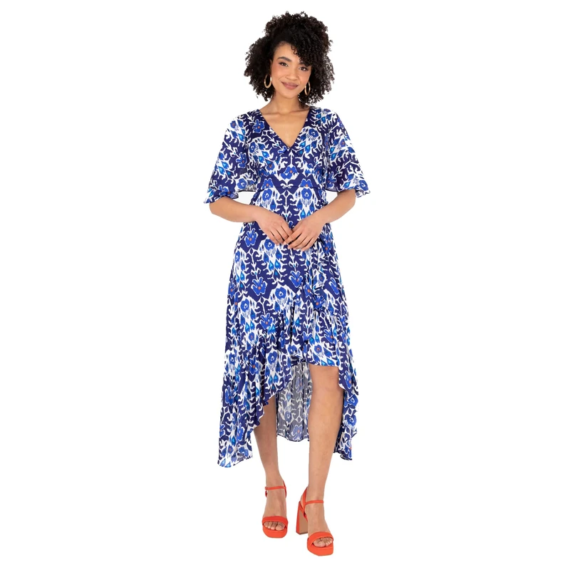 Lovedrobe Women's Midaxi Dress V-Neck Cape Sleeve Abstract Floral Print Ruffle Hi Low Hem Wrap Belted A-line Blue 40, Blue, 14