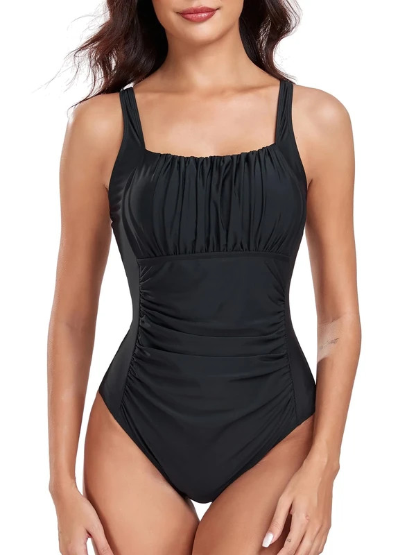 FLYILY Women Ruched Swimsuit - Tummy Control Monokini, Black XL