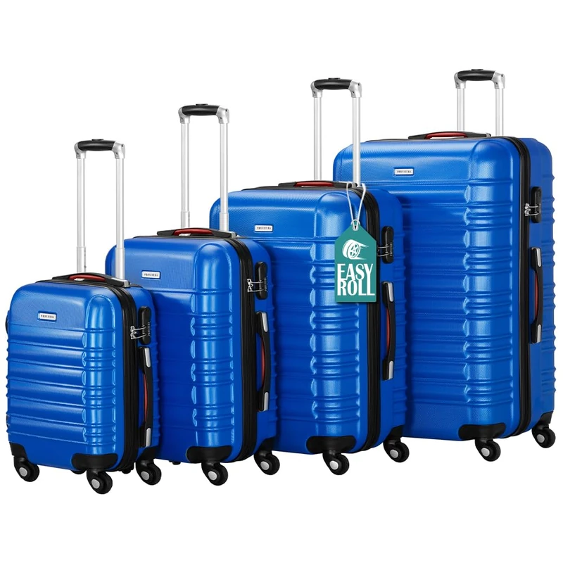 PROVITERA Set of 4 Hard ABS Suitcases S-M-L-XL Telescopic Handle and 4 Easy Roll Wheels, Code Lock Lock, Heavy Duty Travel Trolley with Hand Luggage, Blue, 50x32x75 cm, 45x28x66 cm, 40x25x55 cm,