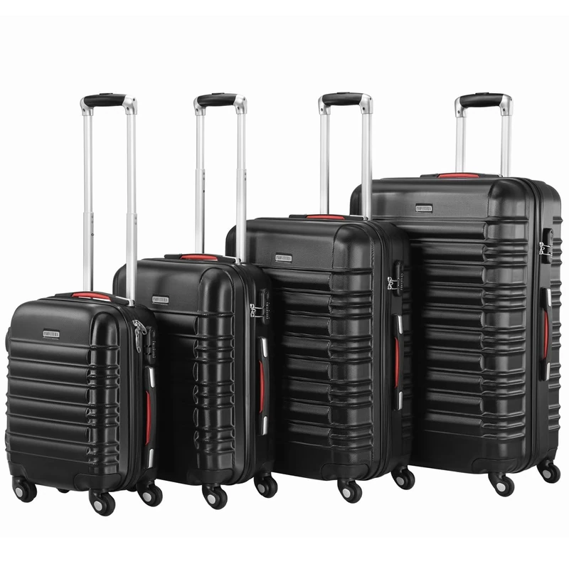 PROVITERA Set of 4 Hard ABS Suitcases S-M-L-XL Telescopic Handle and 4 Easy Roll Wheels, Code Lock Lock, Heavy Duty Travel Trolley with Hand Luggage, Black, [50x32x75, 45x28x66, 40x25x55, 35x20x48] cm