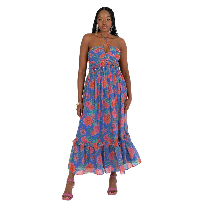 Anaya with Love Women's Women's Midaxi Dress Ladies Halter Neck Sleeveless Floral Print Sequin Embellished Ruffle Shirred Back Chiffon A-line Dress, Cobalt Blue,