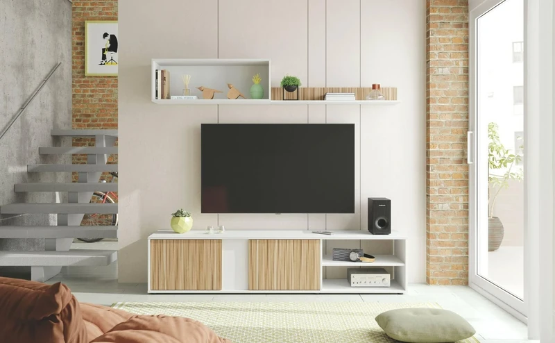 Dmora Titusville Docked Wall, Living Room Furniture TV Stand, Composition, Living Room Set with Wall Cabinet, 180 x 33 x 40 cm, White and Oak