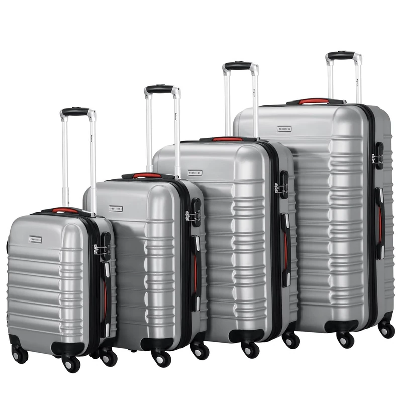 PROVITERA Set of 4 Hard ABS Suitcases S-M-L-XL Telescopic Handle and 4 Easy Roll Wheels, Code Lock Lock, Heavy Duty Travel Trolley with Hand Luggage, Silver, 50x32x75 cm, Modern