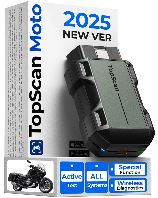 TopScan Motorcycle OBD2 Scanner Diagnostic Tool, Wireless Motorcycle OBD2 Code Reader Fits for Harley, Ducati, BMW, All Systems Motorbike Scan Tool with Hot Reset Functions, Data Stream - Image 1