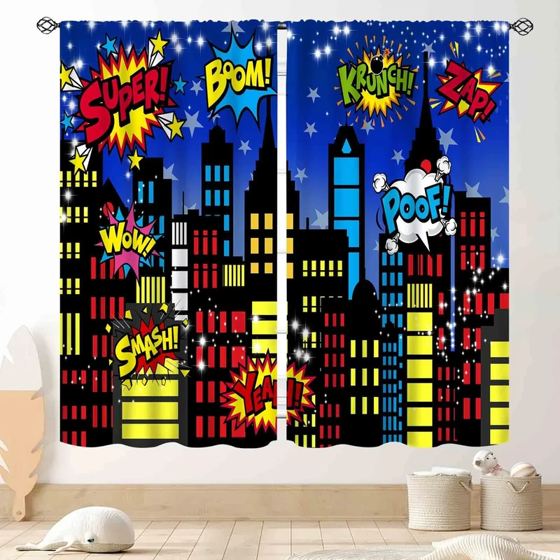 TKUYO Superhero City Curtains, Comic Night Starry Skyline Cityscape Buildings Comic Blackout Window Curtains for Boys Kids Baby Room Bedroom Living Nursery 2 Panel Sets, 84"x84" Inch