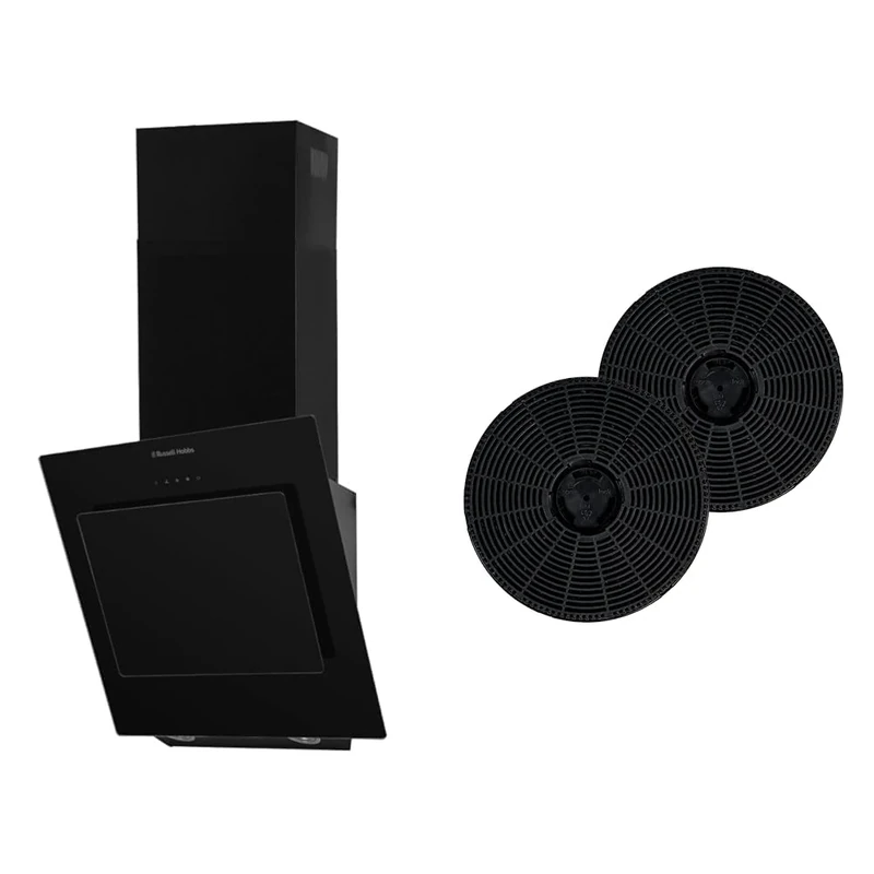 Russell Hobbs RHGCH702B 60cm Wide Angled Cooker Hood Black Glass + Russell Hobbs 2x Carbon Filters for Cooker Hoods