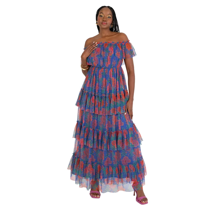 Anaya with Love Womens Maxi Ladies Off Shoulder Bardot Neckline Tiered Ruffle Tulle Tropical Floral Print Wedding Guest Prom Dress, Cobalt Blue, 16 UK