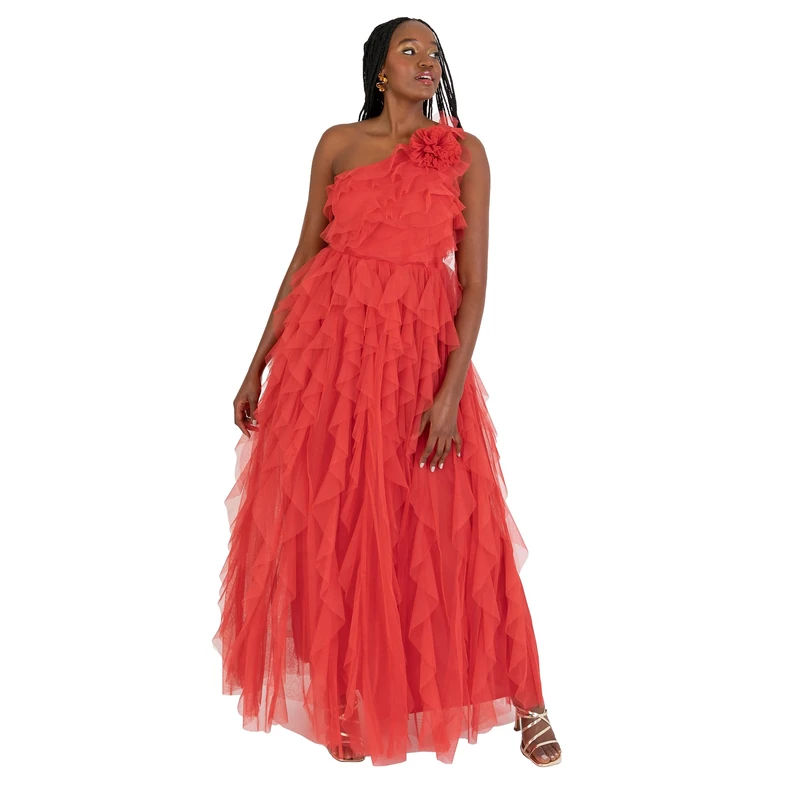 Anaya with Love Women's Maxi Dress Ladies One Shoulder Sleeveless Tiered Ruffle Waterfall A-line Bridesmaid Wedding Guest Prom Ball Gown, Red 6