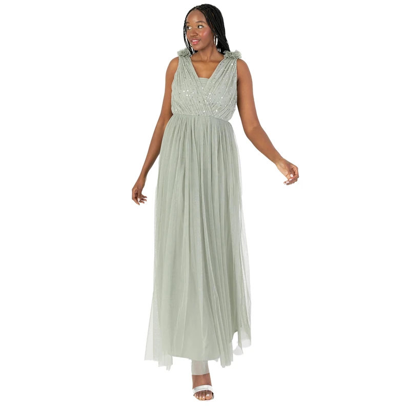 Anaya with Love Women's Maxi Dress Ladies Sleeveless V-Neck Sequin Embellished Tulle Ruffle Shoulder A-line Bridesmaid Prom Ball Gown, Frosty Green 6