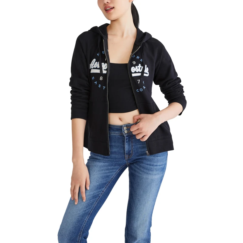 AEROPOSTALE Women's Aero Logo Full Zip Hoodie-Circle/Scripts, Dark Black, S