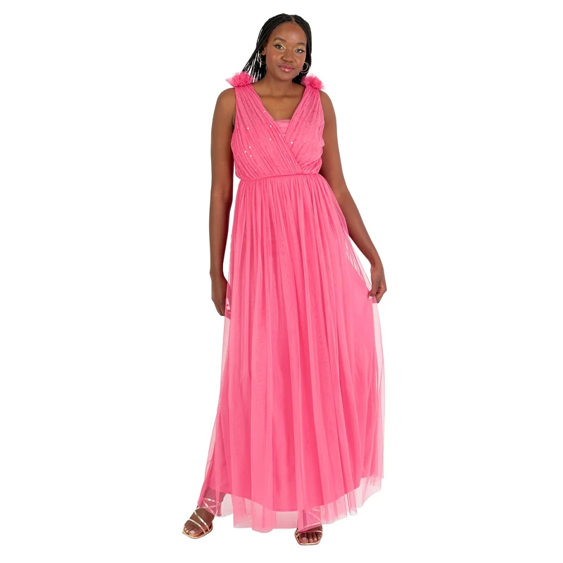 Anaya with Love Women's Women's Maxi Dress Ladies Sleeveless V-Neck Sequin Embellished Tulle Ruffle Shoulder A-line Bridesmaid Prom Ball Gown Dress, Hot Pink,