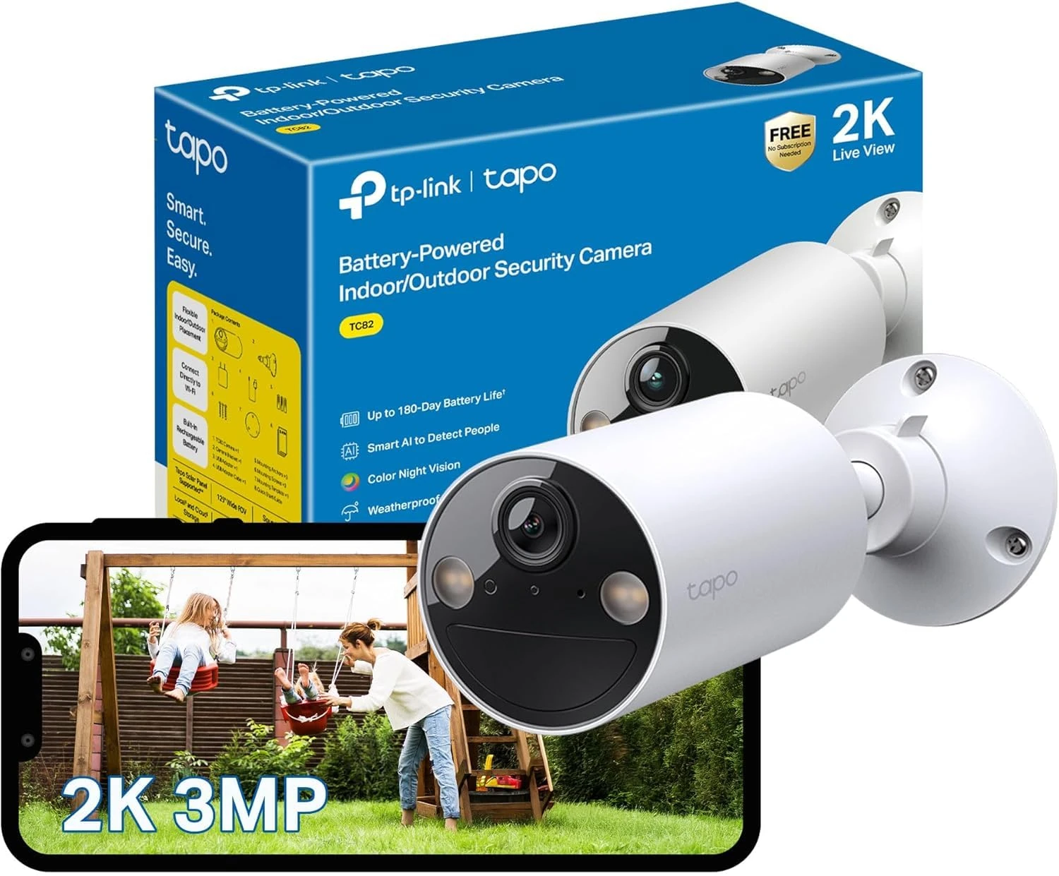 Tapo TC82 2K Battery Security Camera Outdoor Wireless, Indoor & Outdoor CCTV Camera, Colour Night Vision, No Monthly Fee, AI Detection, IP65, 180-Day Battery Life, Works with Alexa & Google