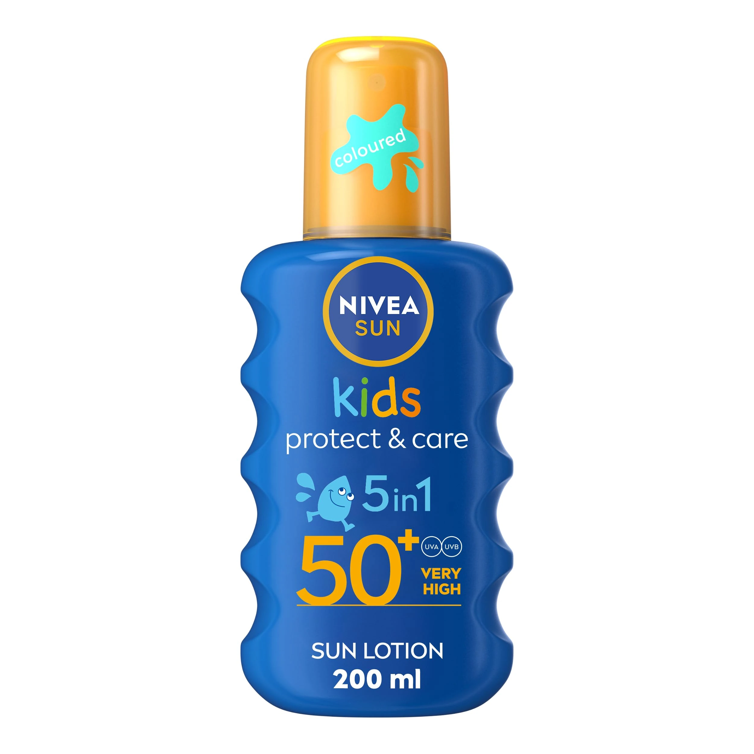 NIVEA SUN Kids Protect & Care SPF 50+ Coloured Spray (200ml), Sunscreen Protects Delicate Skin Against Sunburn and Long-Term UV Damage, Fast-Absorbing No White Cast Sun Lotion