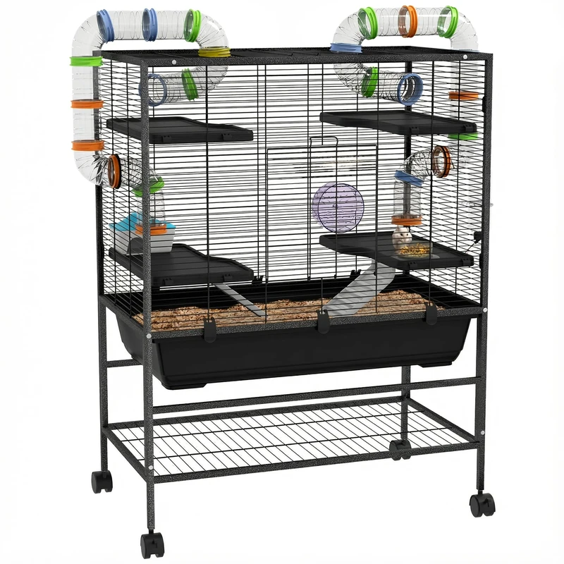 PawHut Large Hamster Cage, Gerbil Cage with Wheels, Tubes, Storage Shelf, Ramps, Running Wheel, Food Dish, Water Bottle, for Syrian Hamster - Black