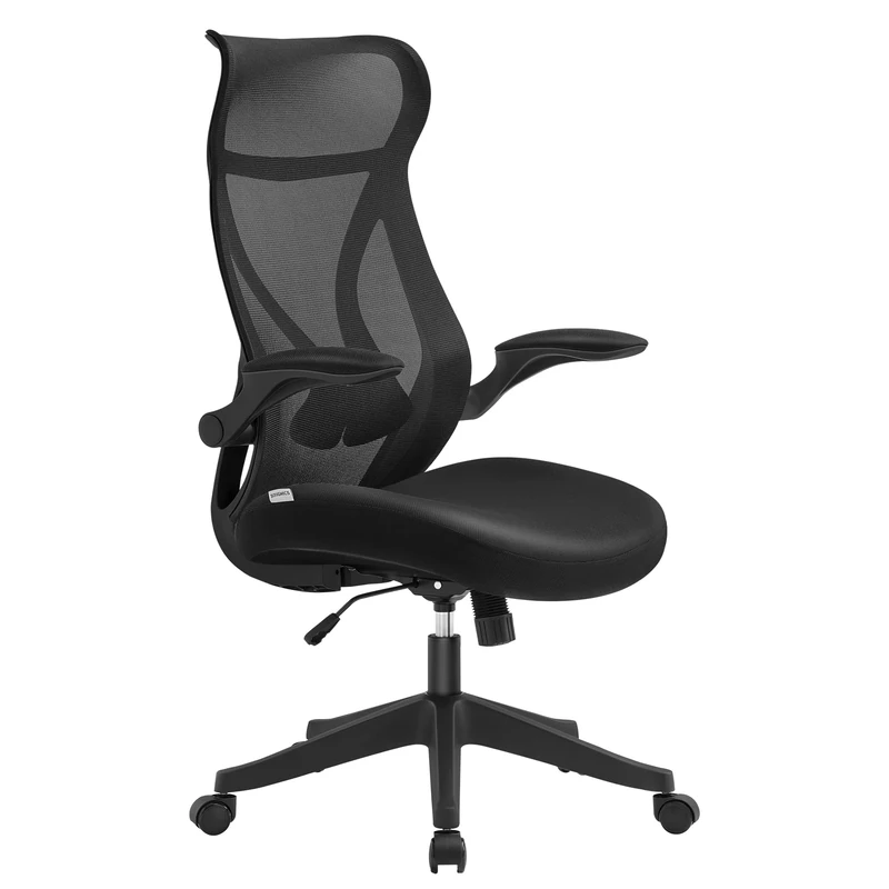 SONGMICS Office Chair, Swivel Mesh Chair, Ergonomic Backrest, Height Adjustable, Flip-Up Armrests, Headrest, Supports up to 150 kg, Ink Black OBN088B01