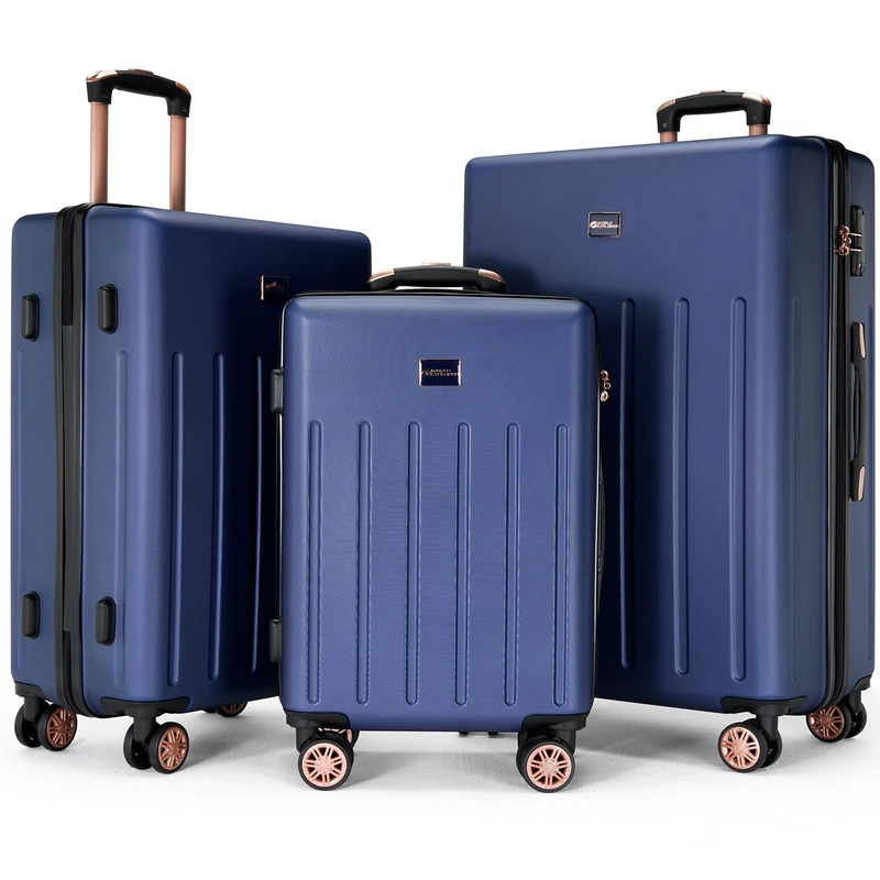 Vivo Technologies Luggage Sets 3 Piece Hard Shell ABS Suitcases with TSA Lock Lightweight Durable Trolley Travel Carry On Suitcase 3pcs Cabin with 4 Spinner Wheels, 20" 24" 28" Navy