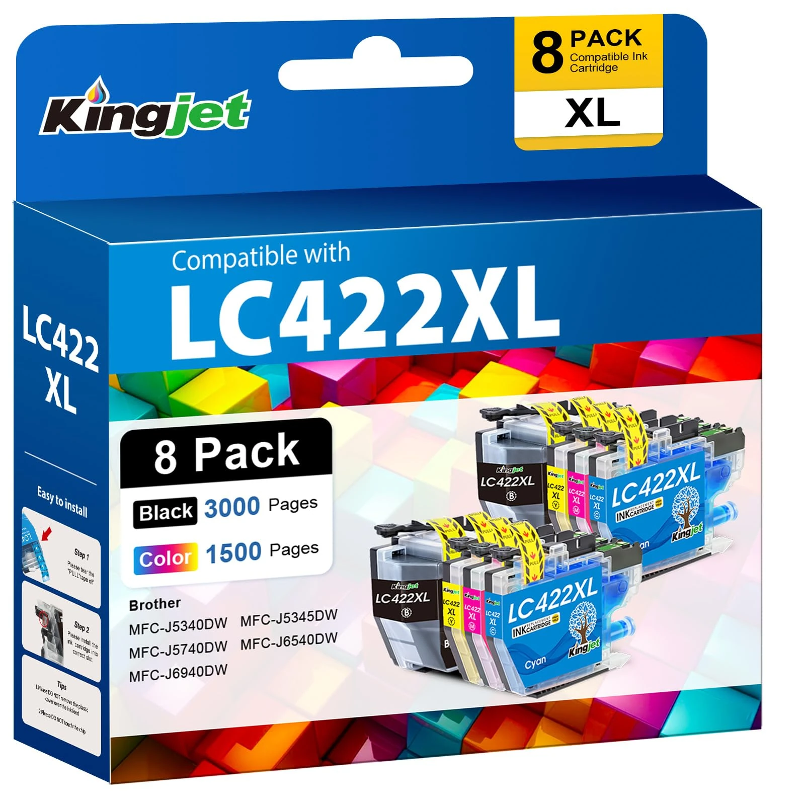 KINGJET LC422XL Ink Cartridges for Brother LC422XL LC422 LC-422XLVAL Ink Cartridges Multipack for Brother MFC-J5340DW MFC-J5345DW MFC-J5740DW MFC-J6540DW MFC-J6940DW Printer, 8 Pack