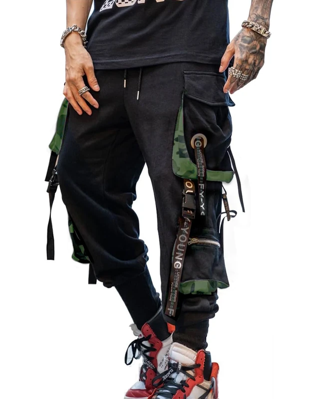 Hello MrLin Men's Jogger Pants Punk Cargo Baggy Techwear Hip Hop Harem Pants Streetwear Tactical Track Pant, Black&Army Green, X-Large
