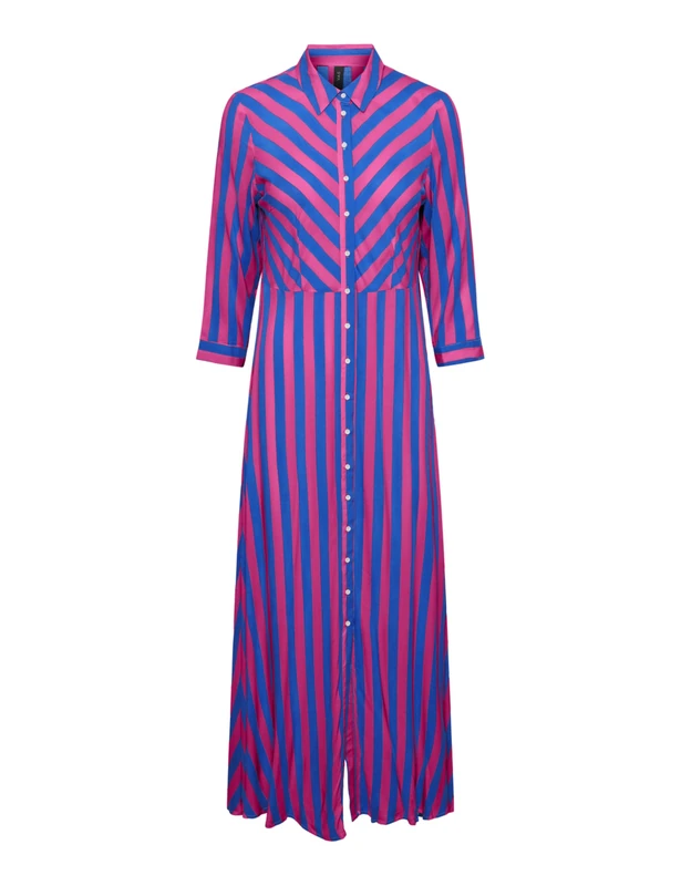 YAS Women's Yassavanna Long Shirt Dress S. Noos Dress, Fuchsia Fedora/Stripes: Blue lolite, L