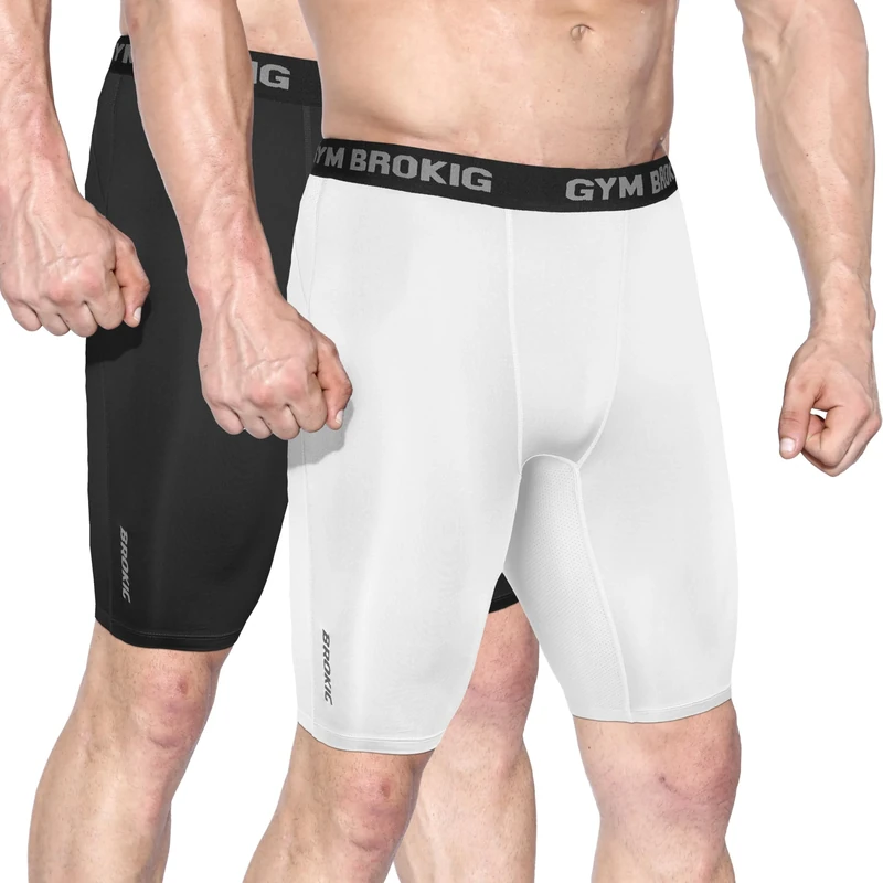 BROKIG Mens Stable Gym Compression Shorts, Lightweight Performance Base Layer Short Quick Dry Tight Sports Underwear (Large, Black+White)