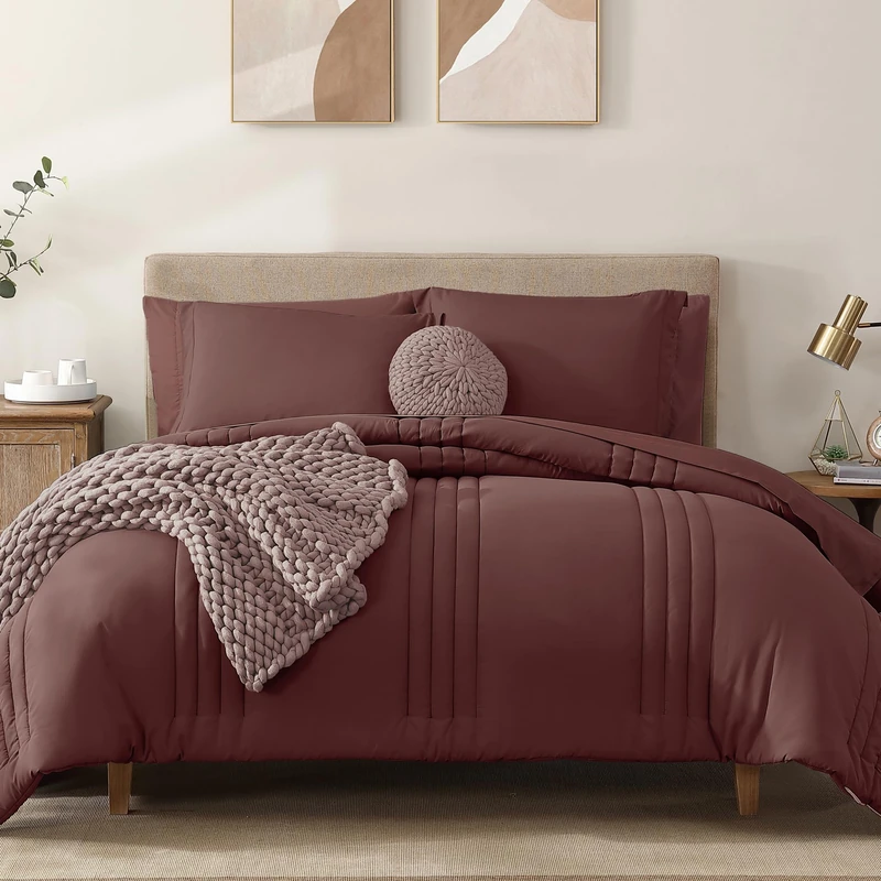 Queen Comforter Set-7 Pieces Dark Red Soft Bed in a Bag Queen Bedding Sets
