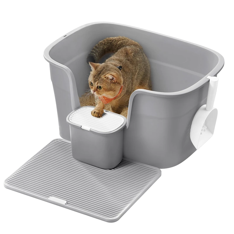 Feandrea Extra Large Cat Litter Box with Hide Sides, Includes Litter Catcher Board, Storage Box, Scoop, for Large Cats, Dove Grey PPT003G01