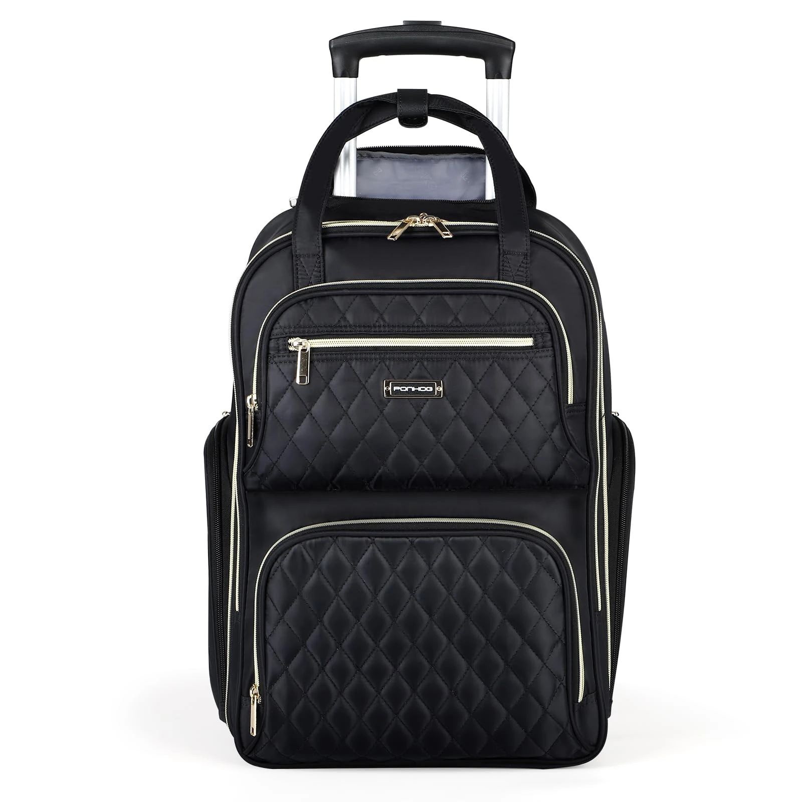 Ponhog Rolling Laptop Travel Backpack with Wheels for Women - 15.6 Inch Laptop Wheeled Backpack, Carry on Trolley Suitcase Black Computer Bag for Adults Business College Work Overnight,Black