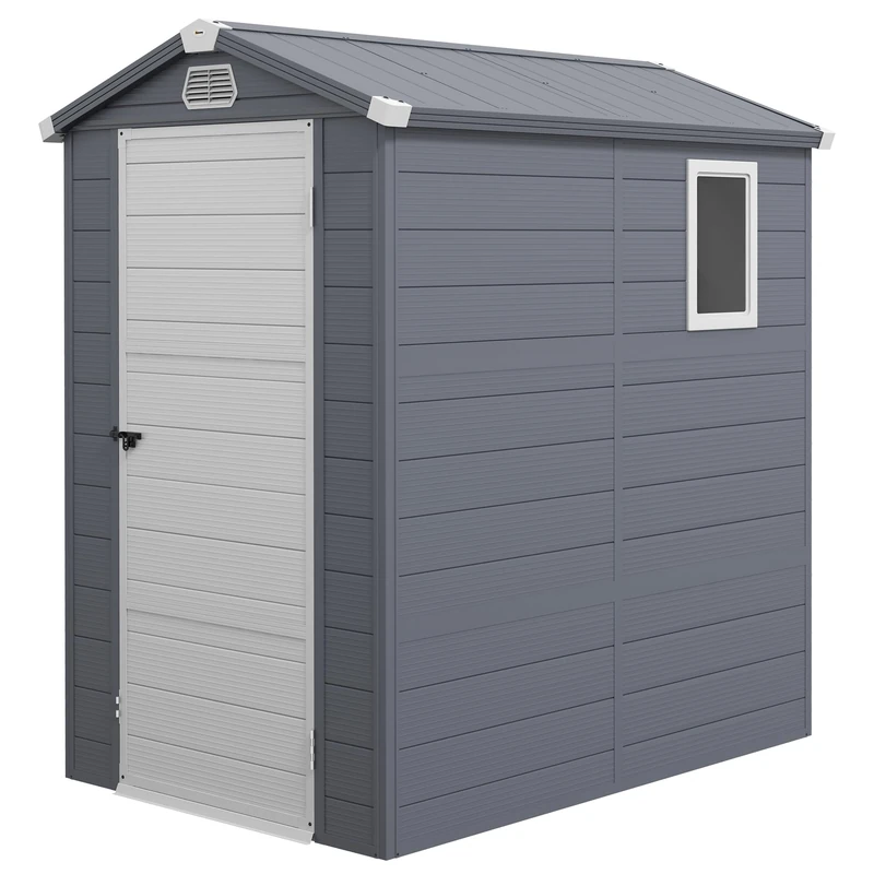 Outsunny 4 x 6ft Plastic Garden Storage Shed with Foundation Kit, Polypropylene Outdoor Storage Tool House with Ventilation Slots and Lockable Door, Grey