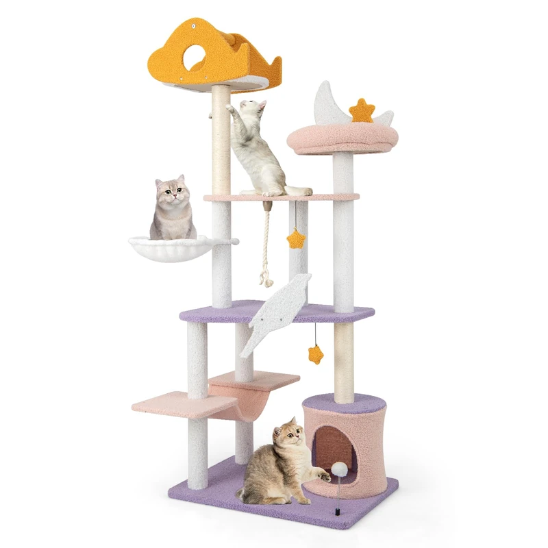 GYMAX Cat Tree & Tower, Modern cat Condo with Scratching Posts & Hammock, Plush Perch & Dangling Toys, Multi-level Cat Play Center - 167cm Tall